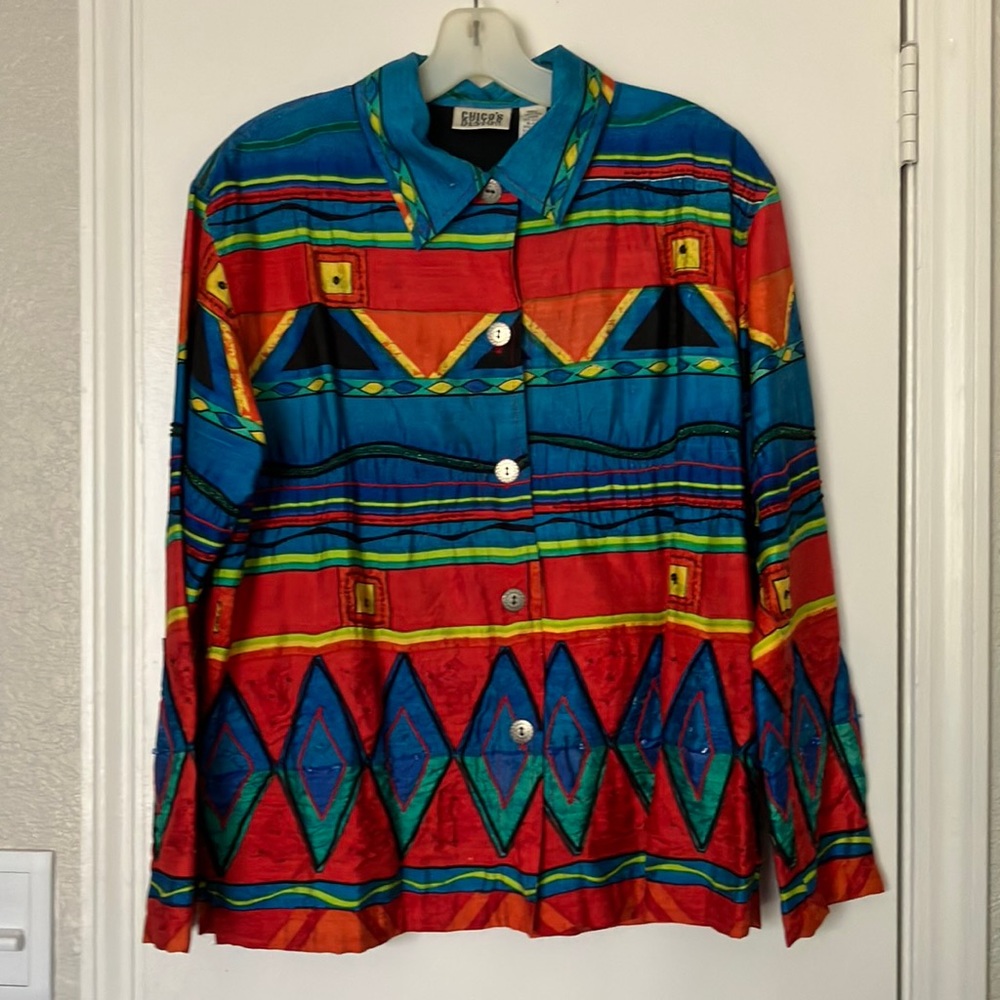 CHICO’S DESIGN Beaded Jacket. Blue, Red, Dark green, Lime green and Black